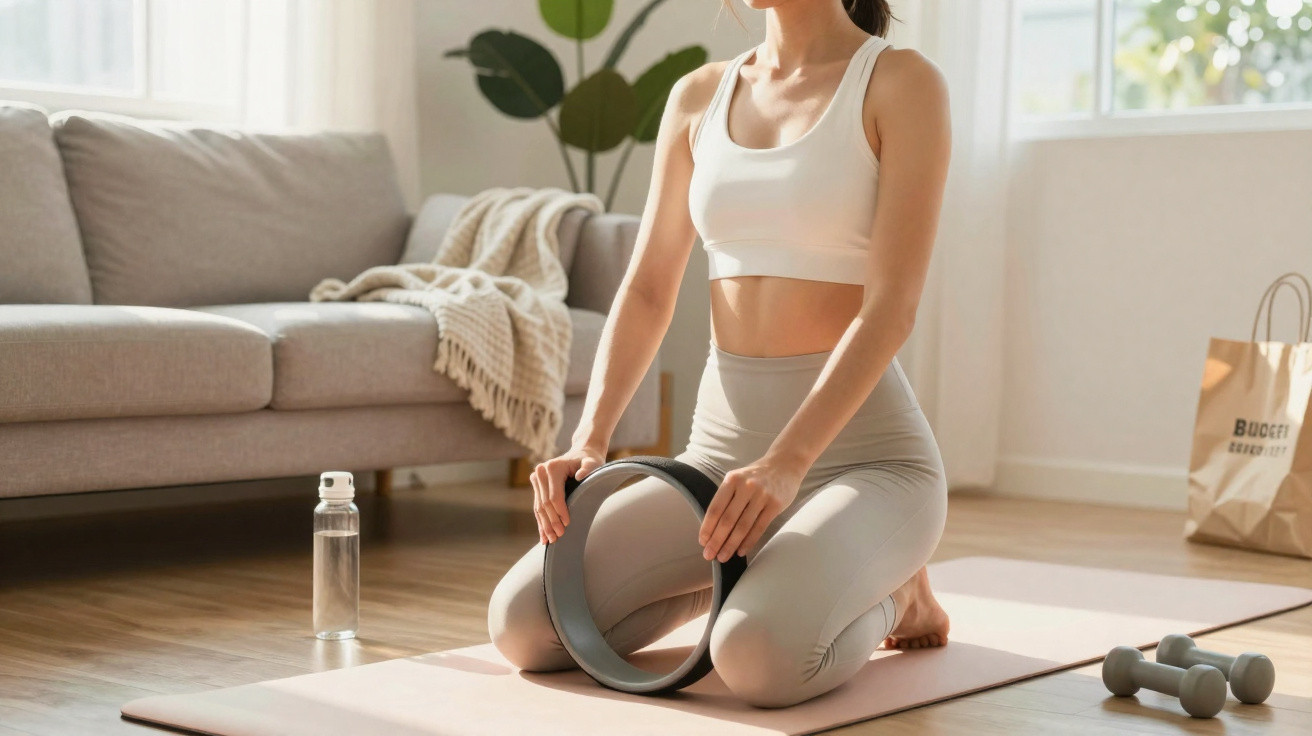 Mulher a fazer yoga no tapete com roda de exercício numa sala iluminada e confortável.