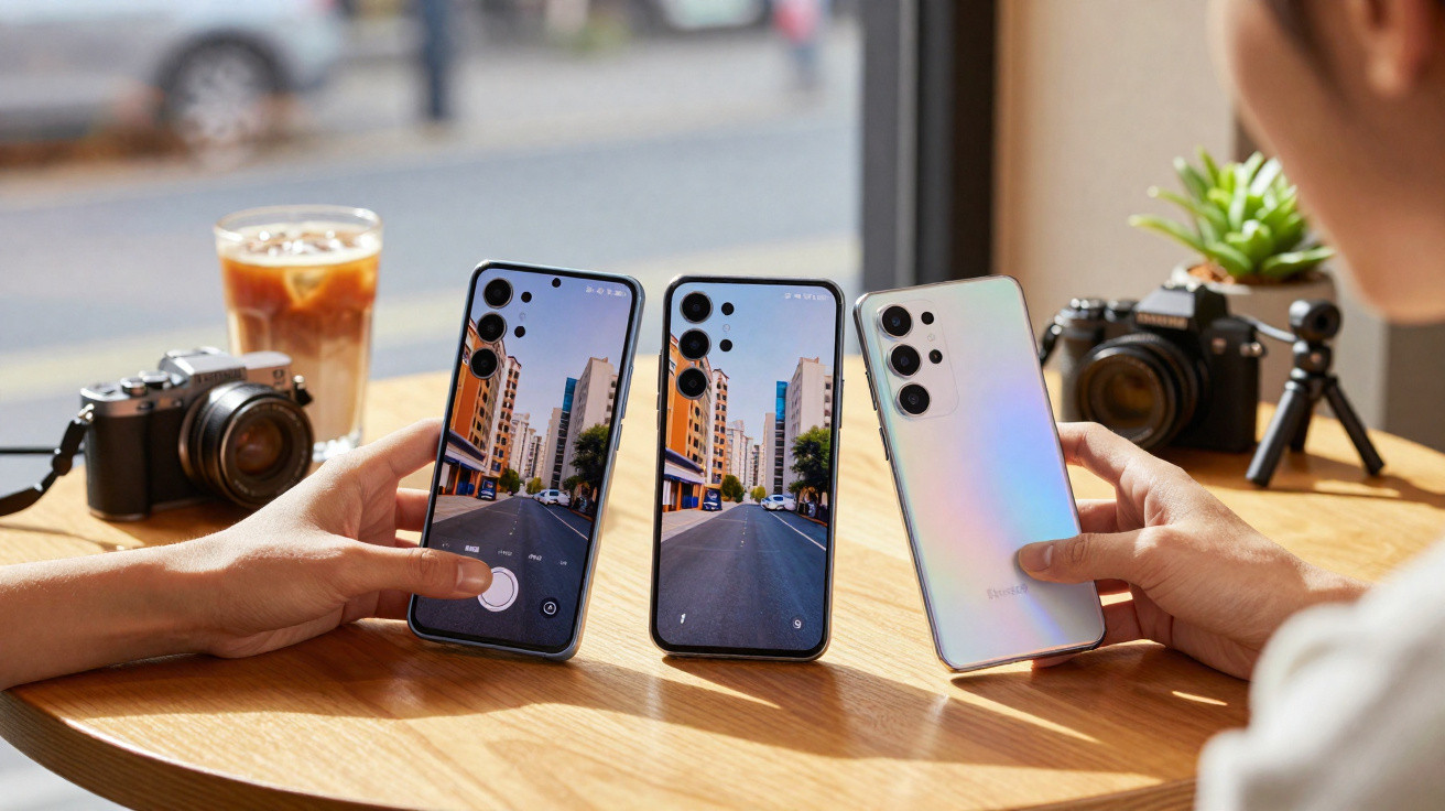 Duas pessoas seguram três telemóveis modernos sobre mesa com câmaras fotográficas e bebida ao fundo.