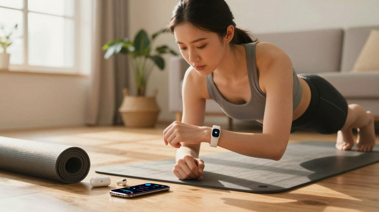 Mulher a fazer prancha numa esteira de yoga, com smartphone e auscultadores ao lado, em sala iluminada.