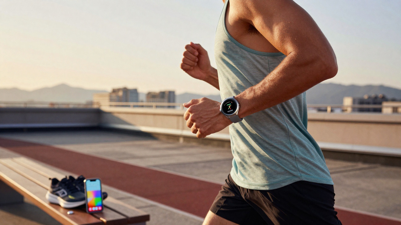 Homem a correr ao ar livre com pulseira fitness e roupas desportivas num terraço urbano.