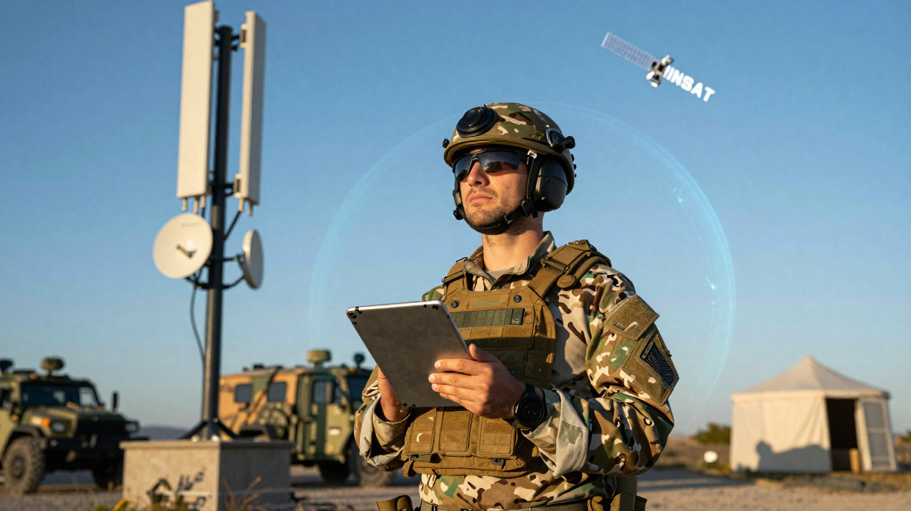 Soldado em farda camuflada com tablet, base militar com veículos e antena, e satélite se comunicando no céu.