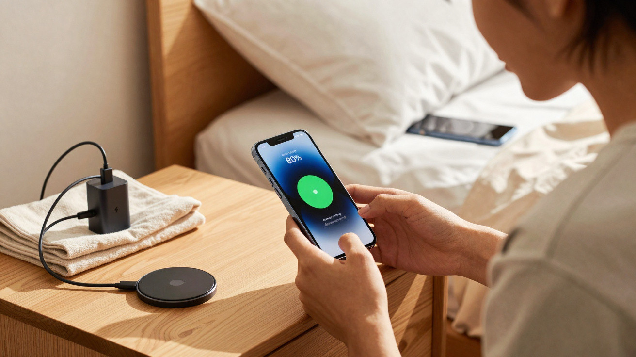 Pessoa a segurar um smartphone a carregar sem fios numa mesa de cabeceira ao lado da cama.
