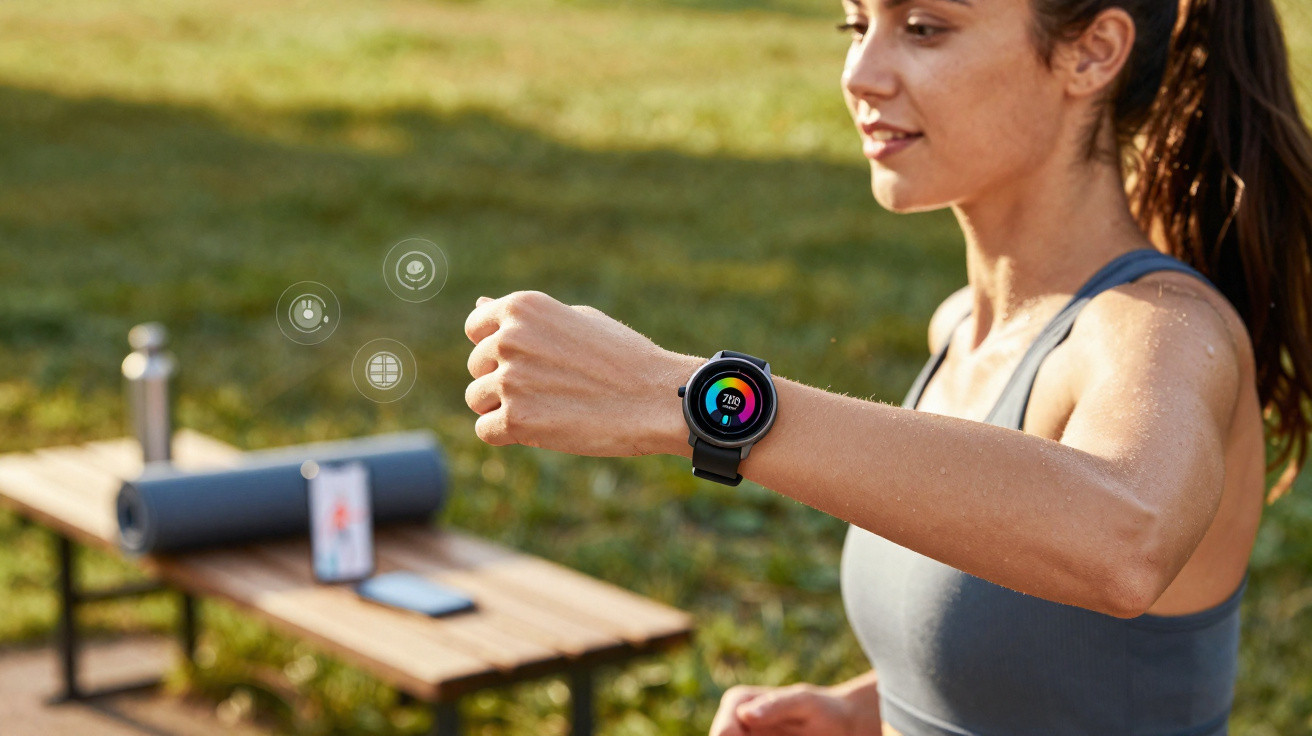Mulher jovem a usar smartwatch a fazer exercício ao ar livre num parque com equipamentos ao fundo.