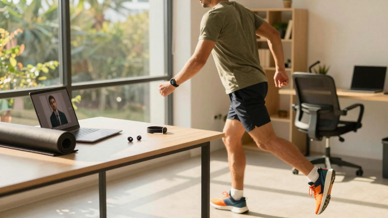 Homem faz exercício em casa com vídeo de treino num portátil sobre a mesa junto a acessórios de fitness.