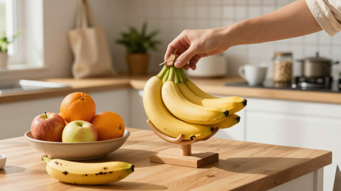Mão a pegar cacho de bananas pendurado num suporte de madeira numa cozinha luminosa com frutas numa tigela.