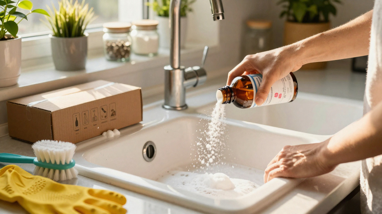Pessoa a despejar detergente em pó num lava-loiça branco numa cozinha com luz natural.