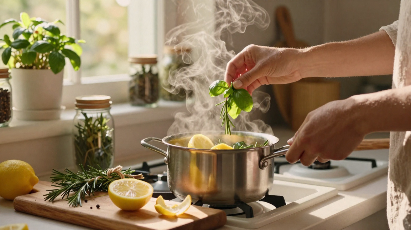 Mãos a adicionar ervas frescas numa panela com limões e vapor na cozinha iluminada pela janela.