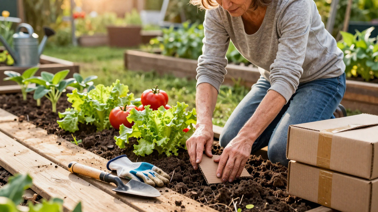 Mulher a jardinagem em canteiro, com alface e tomates maduros, usando ferramenta e caixas de cartão ao lado.