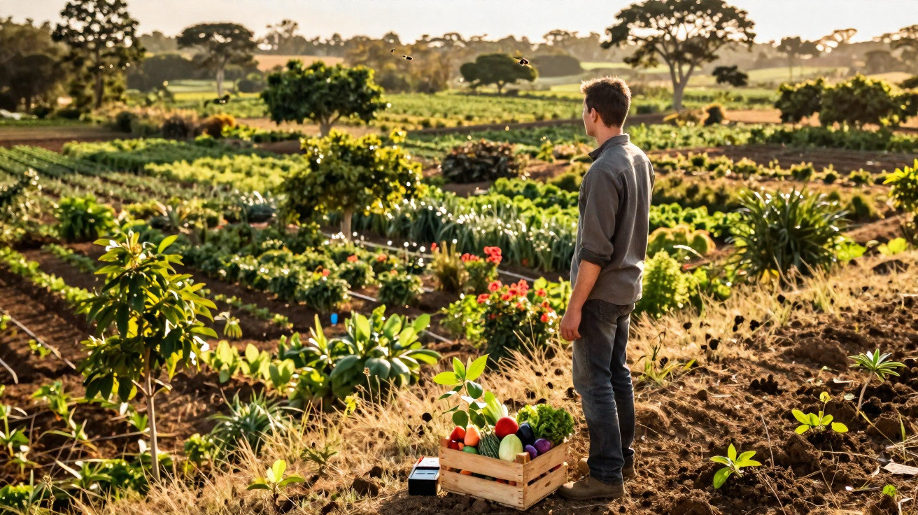Homem observa uma horta diversificada ao pôr do sol, com uma caixa de vegetais frescos ao seu lado.