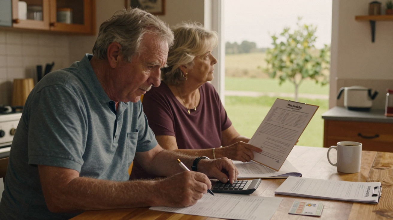 Casal sénior a calcular despesas num ambiente doméstico, com documentos e calculadora na mesa.