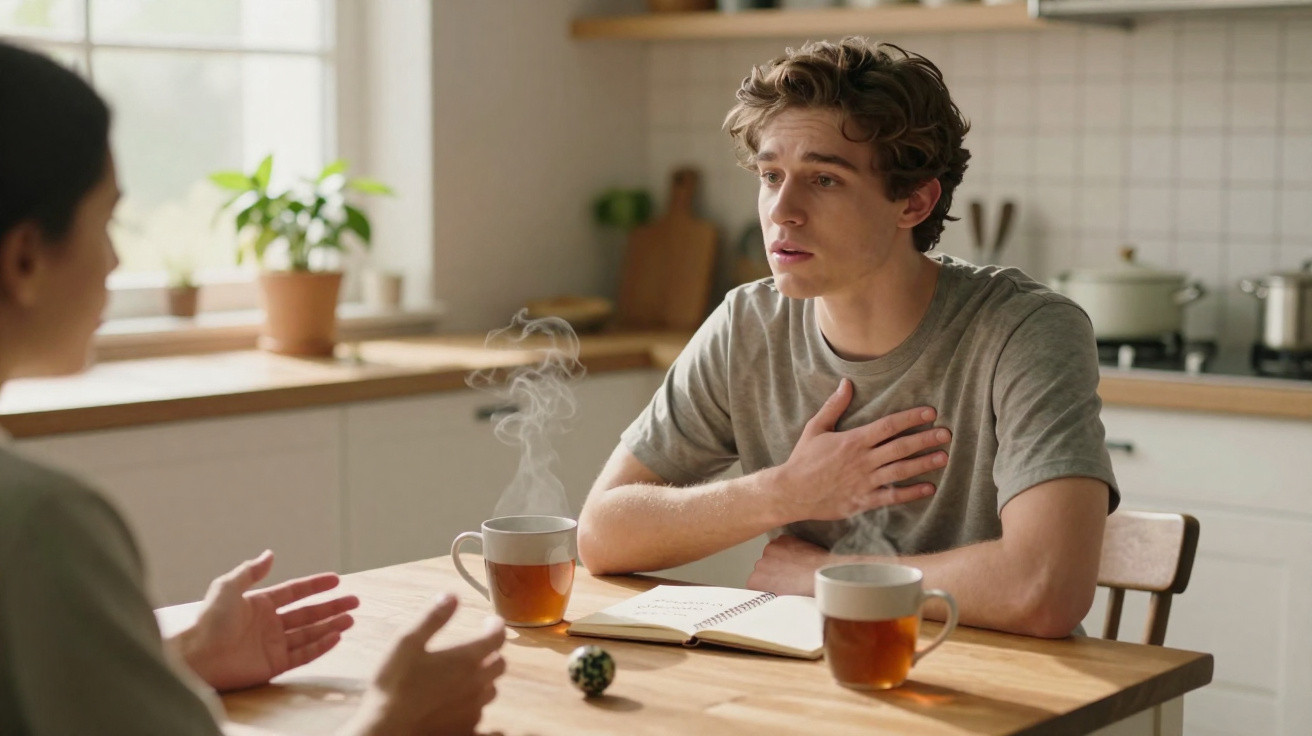 Dois jovens sentados à mesa da cozinha, um deles gesticulando e outro com a mão no peito a conversar.