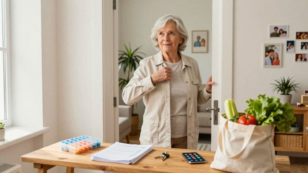 Mulher idosa a entrar numa sala, junto a mesa com sacola de compras, chaves, telemóvel e medicamentos organizados.