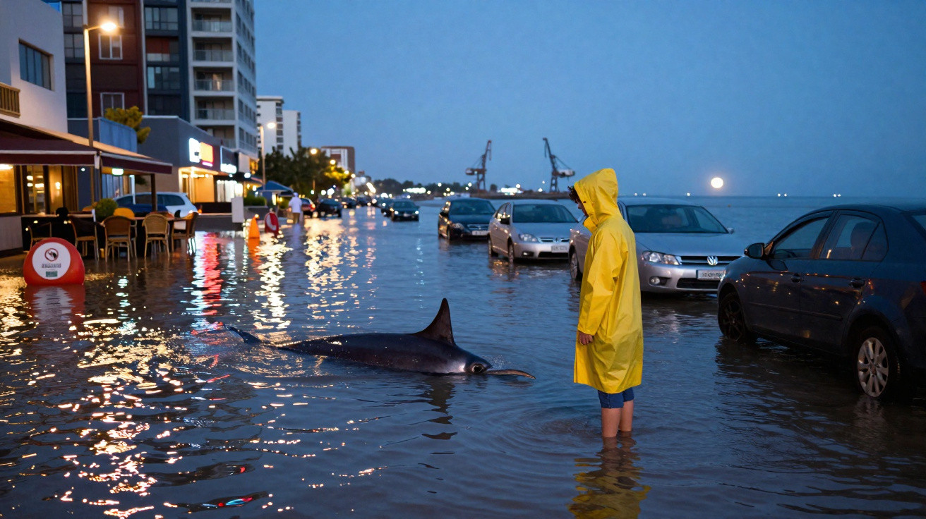 Rapaz de capa amarela observa golfinho numa rua inundada ao entardecer com carros ao fundo.