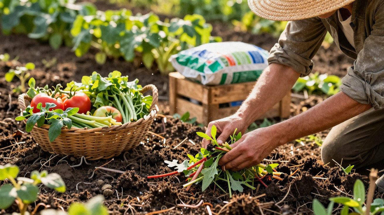 Pessoa apanha legumes frescos numa horta com cesto recheado de vegetais variados ao lado.