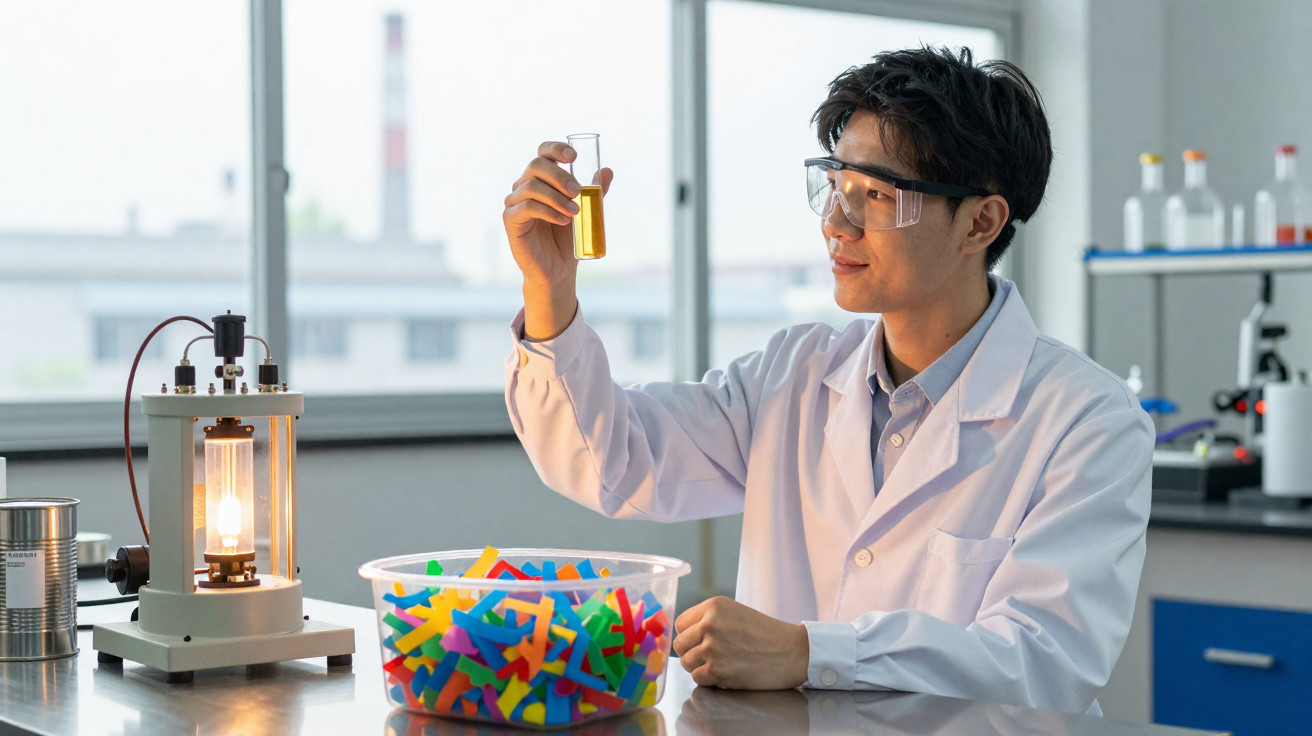 Cientista com bata e óculos protetores segura tubo de ensaio com líquido amarelo num laboratório.