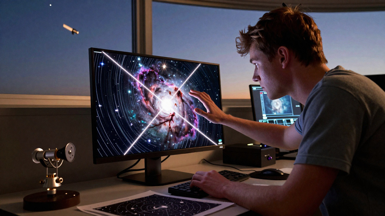 Jovem analisando imagem de galáxia e estrelas no ecrã de um computador num observatório à noite.