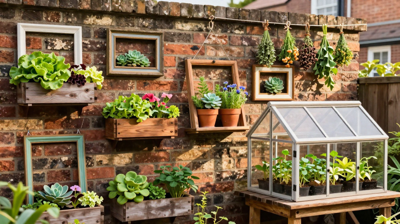 Parede de tijolos com várias plantas em molduras, vasos e estufa pequena de madeira e vidro.