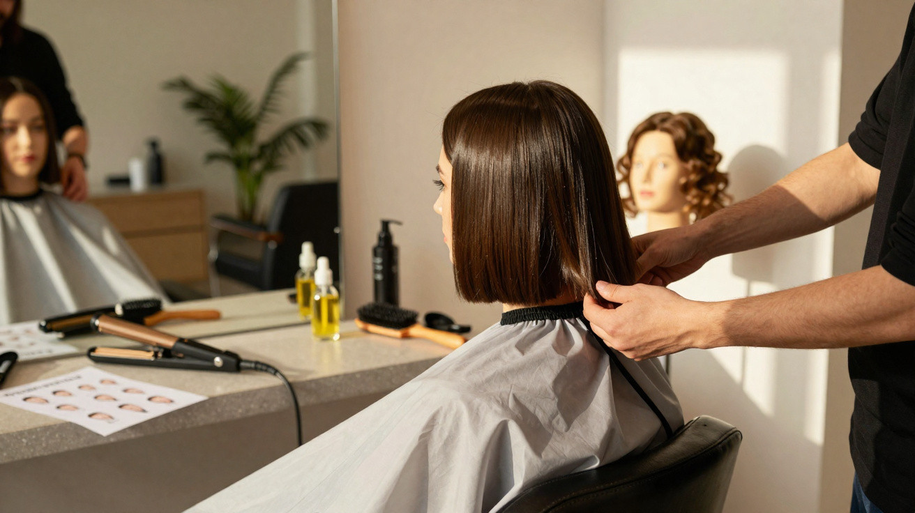 Mulher num cabeleireiro a ser penteada, com cabelo liso e curto, refletida no espelho à frente.