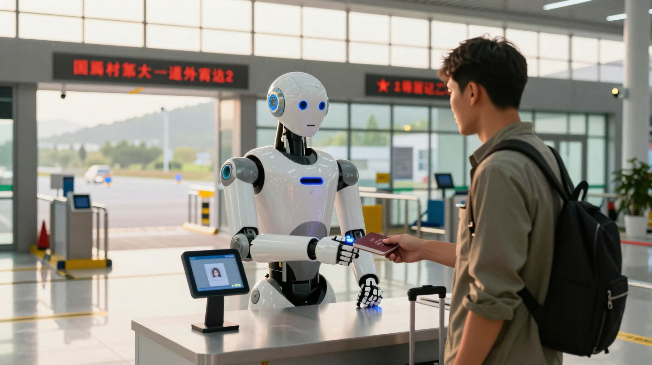Homem entrega passaporte a robô no balcão de controlo num aeroporto moderno.