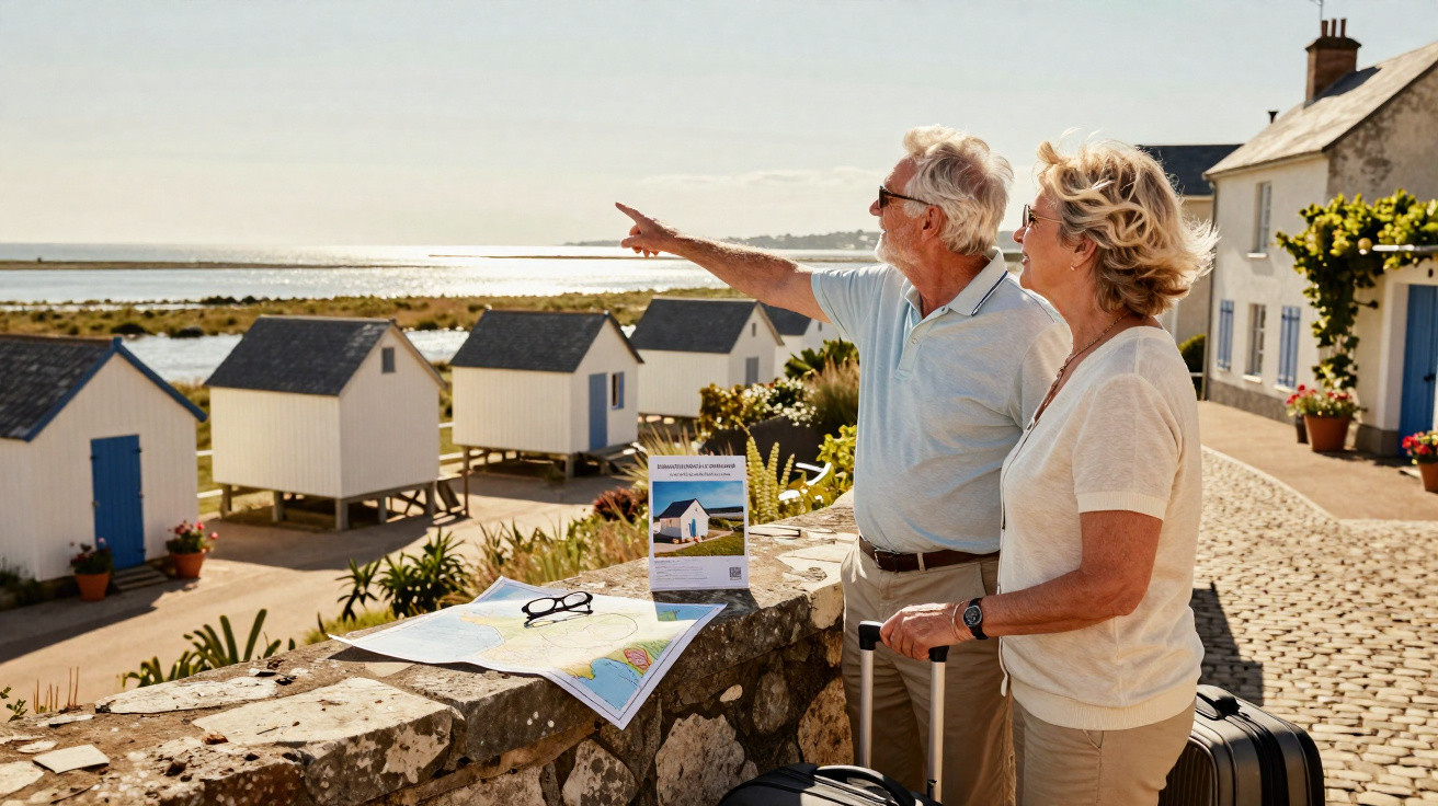 Casal sénior com malas a observar a paisagem de casas brancas junto ao mar num dia ensolarado.