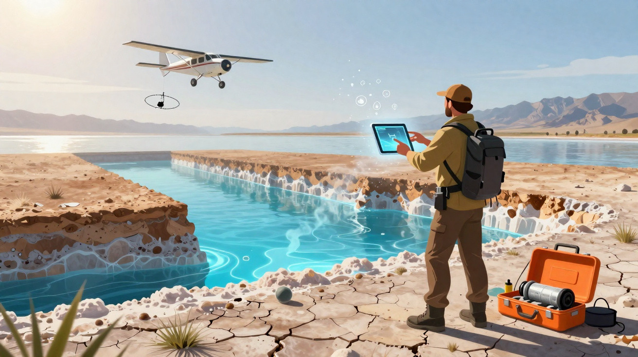 Homem com mochila usa tablet para monitorizar fenda com água em paisagem árida, enquanto avião voa acima.