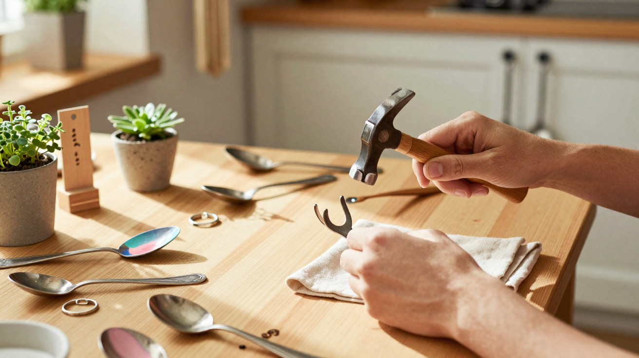 Pessoa a usar um pequeno martelo para ajustar ou reparar um anel numa mesa de madeira com colheres e plantas.