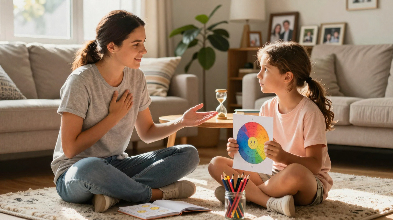 Mulher e menina sentadas no chão em sala, a falar sobre emoções com círculo das cores e lápis de cor.