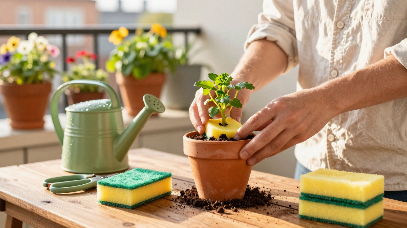 Pessoa a plantar uma muda em vaso de barro numa mesa com regador e esponjas ao lado.