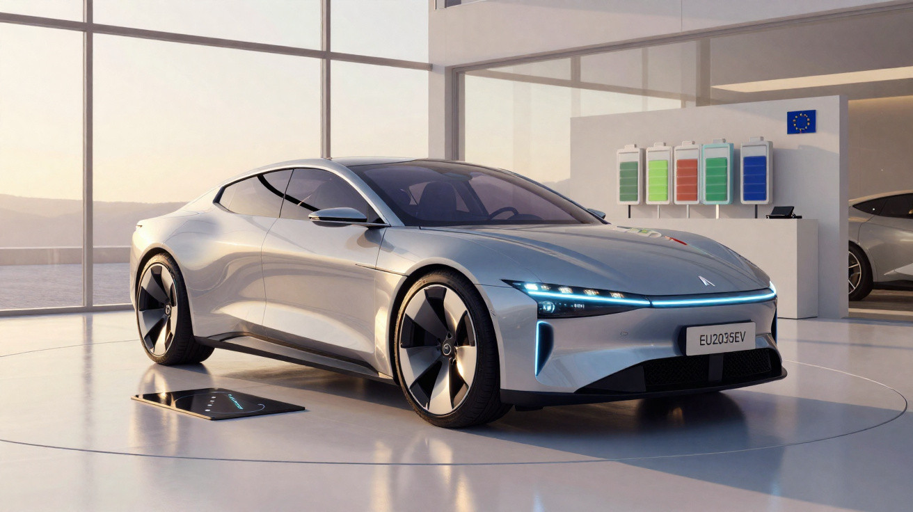 Carro elétrico futurista prateado num showroom moderno com carregador e painéis solares.