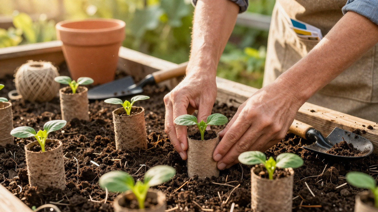 Mãos a plantar pequenas mudas verdes em vasos biodegradáveis num canteiro com terra fértil.