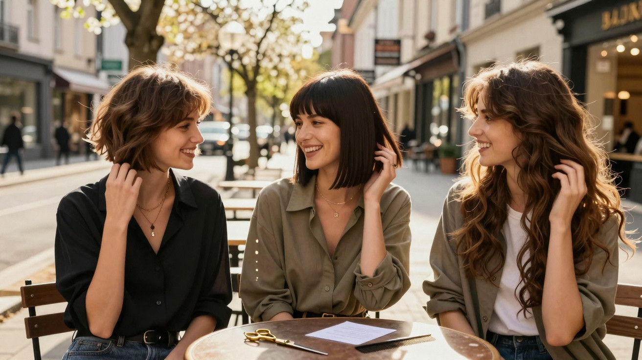 Três mulheres sentadas numa esplanada de café numa rua urbana, sorrindo e conversando ao ar livre.