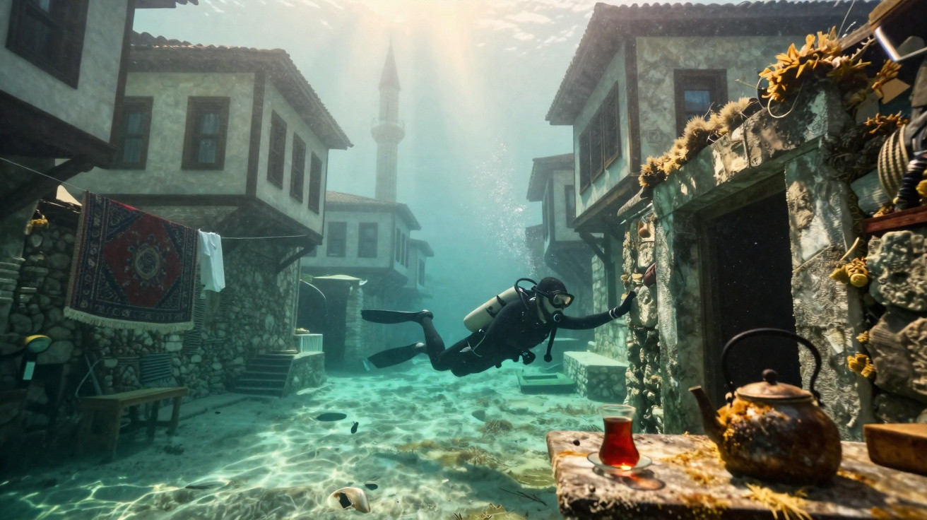 Mergulhador explora cidade submersa com arquitetura tradicional e objetos domésticos no fundo do mar.