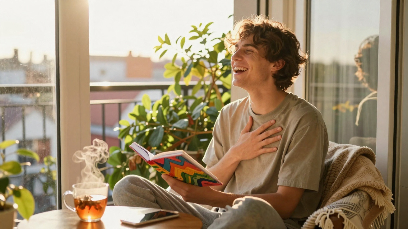 Jovem sentado num sofá junto à varanda, a ler um livro colorido e a sorrir com chá quente numa mesa próxima.