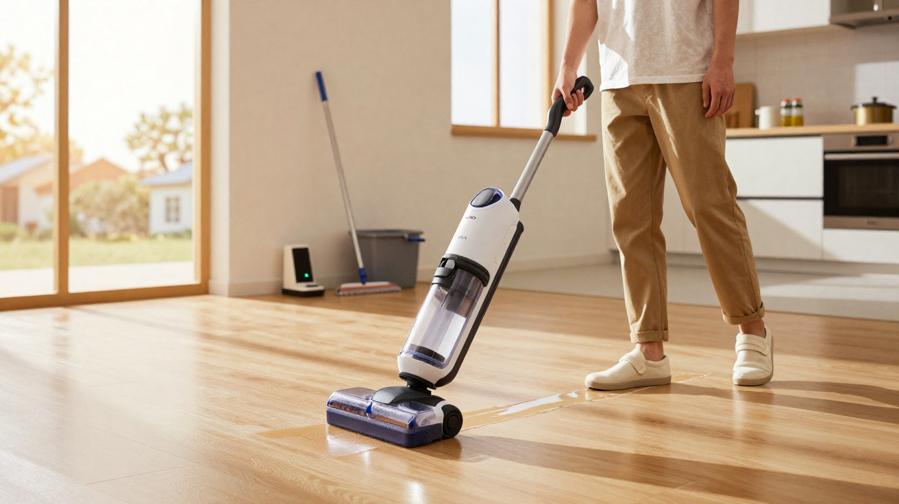 Pessoa a limpar chão de madeira com aspirador moderno numa sala luminosa.