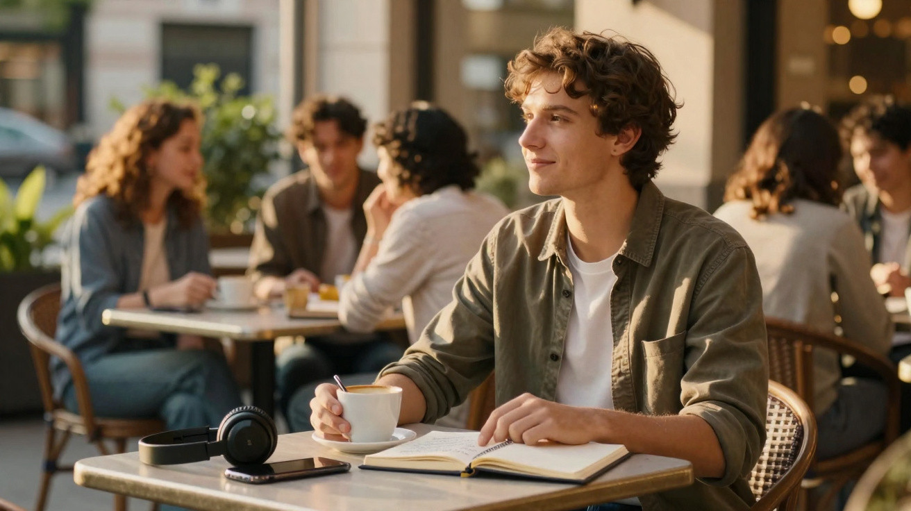 Jovem sorridente sentado num café ao ar livre, com café e caderno, headset e telemóvel na mesa.