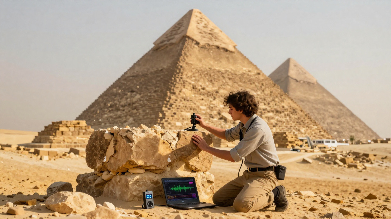 Jovem a estudar ruínas perto das pirâmides do Egito com equipamentos de gravação e laptop no deserto.