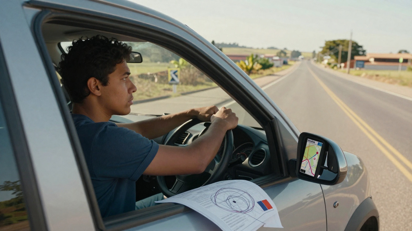 Homem conduz um carro cinzento numa estrada rural, com mapa e GPS visível no espelho retrovisor.