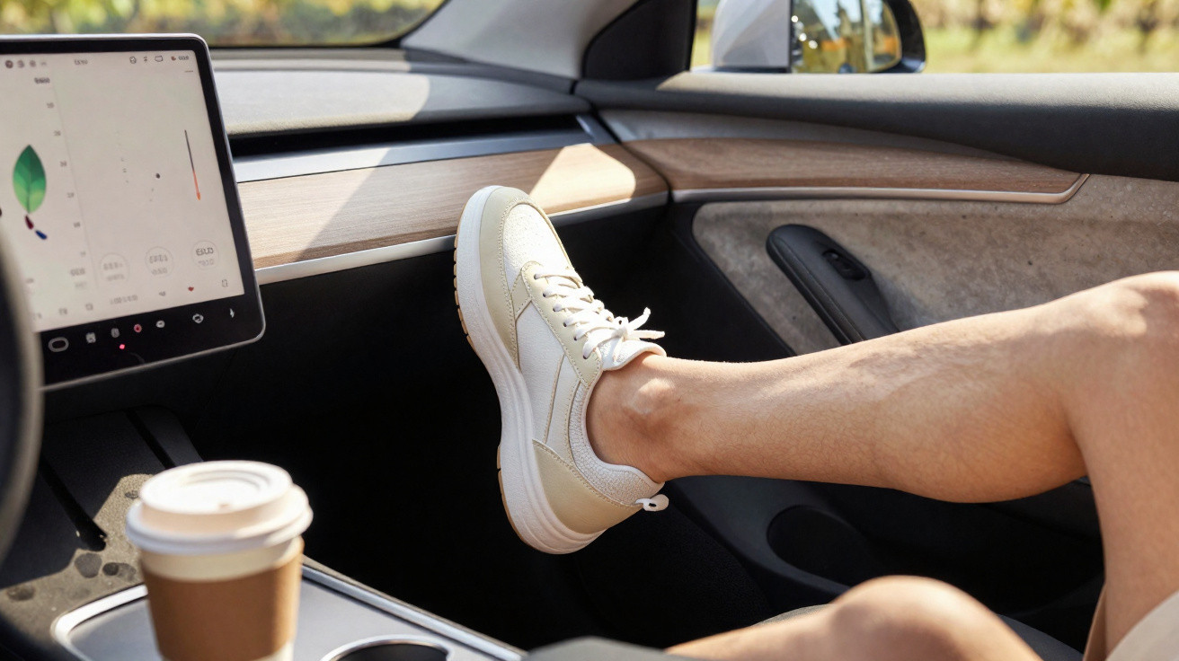 Pessoa com pé calçado em ténis branco repousa no interior de carro moderno junto a um ecrã tátil e café.