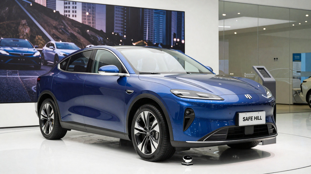 Carro elétrico azul modelo Safe Hill exposto numa sala moderna com chão branco e paredes de vidro.