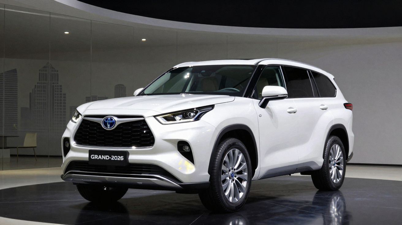 Carro SUV branco Toyota Grand 2026 exposto num ambiente interior moderno e iluminado.