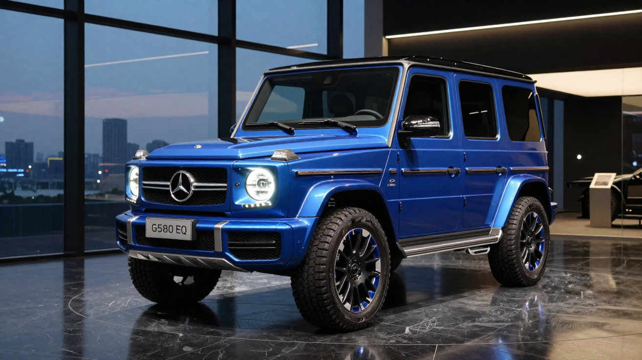 Mercedes-Benz G580 EQ azul, SUV de luxo estacionado em interior com chão de mármore e janelas amplas.