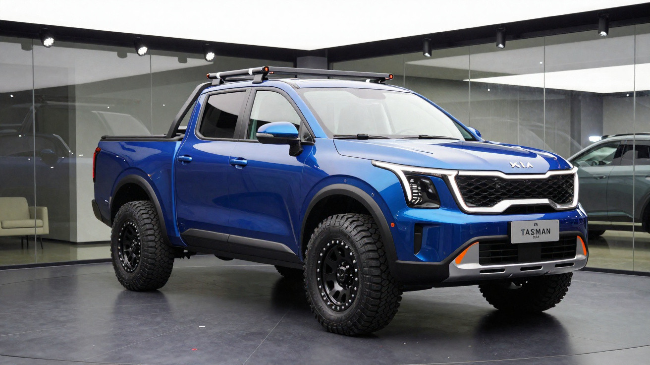 Pick-up azul Kia Tasman com design robusto e pneus todo-o-terreno, exibida em showroom moderno.