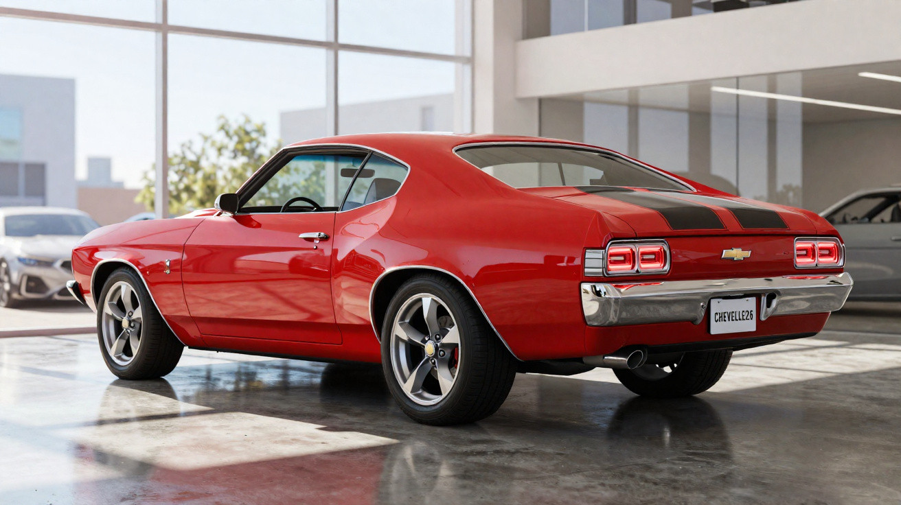 Carro clássico vermelho Chevrolet Chevelle 1970 estacionado em piso de garagem moderna interior.