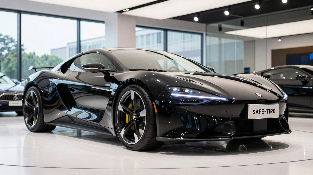 Carro desportivo preto brilhante estacionado num salão de automóveis moderno com luzes LED.