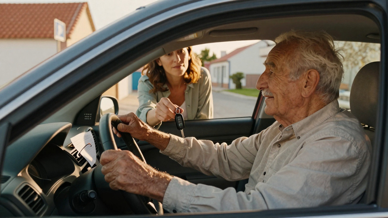 Idoso feliz ao volante a receber as chaves do carro de uma mulher junto a uma casa numa rua residencial.