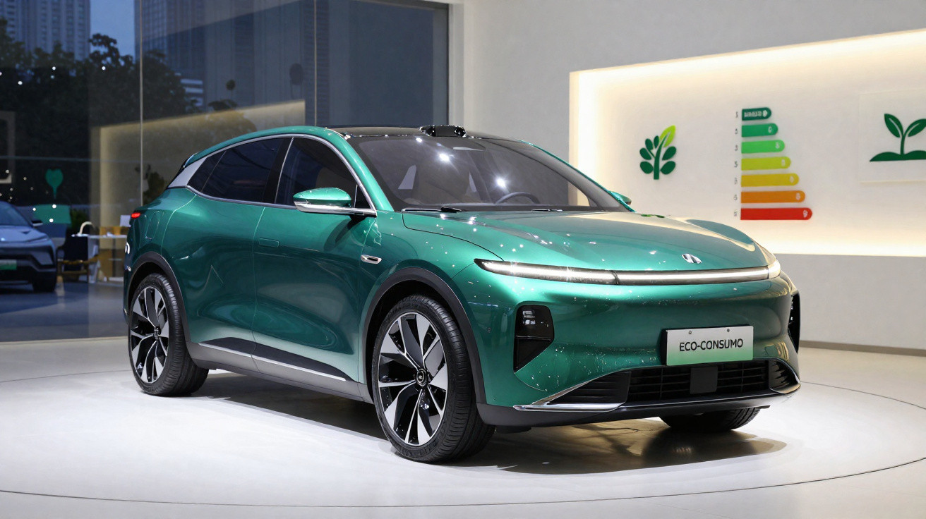 Carro elétrico verde exposto em salão com etiquetas de eco-consumo e eficiência energética na parede.