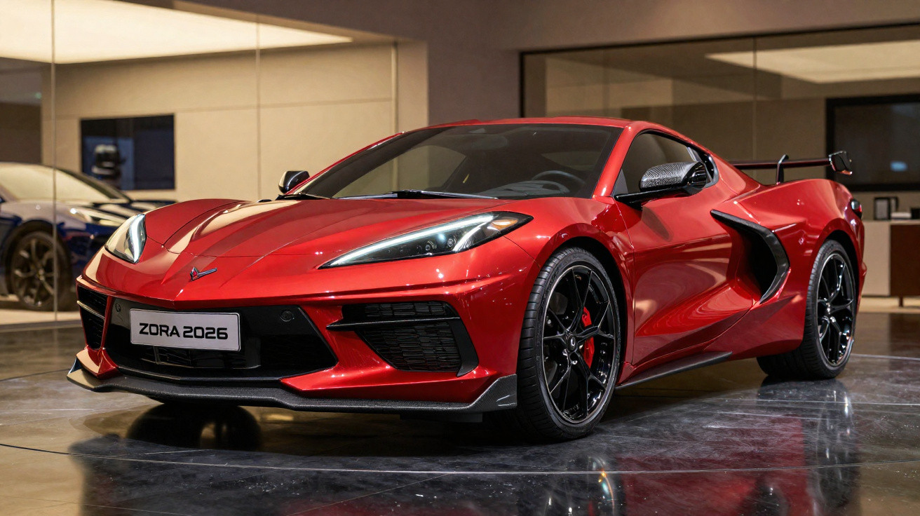 Carro desportivo vermelho Zora 2026 estacionado em piso brilhante numa garagem moderna.