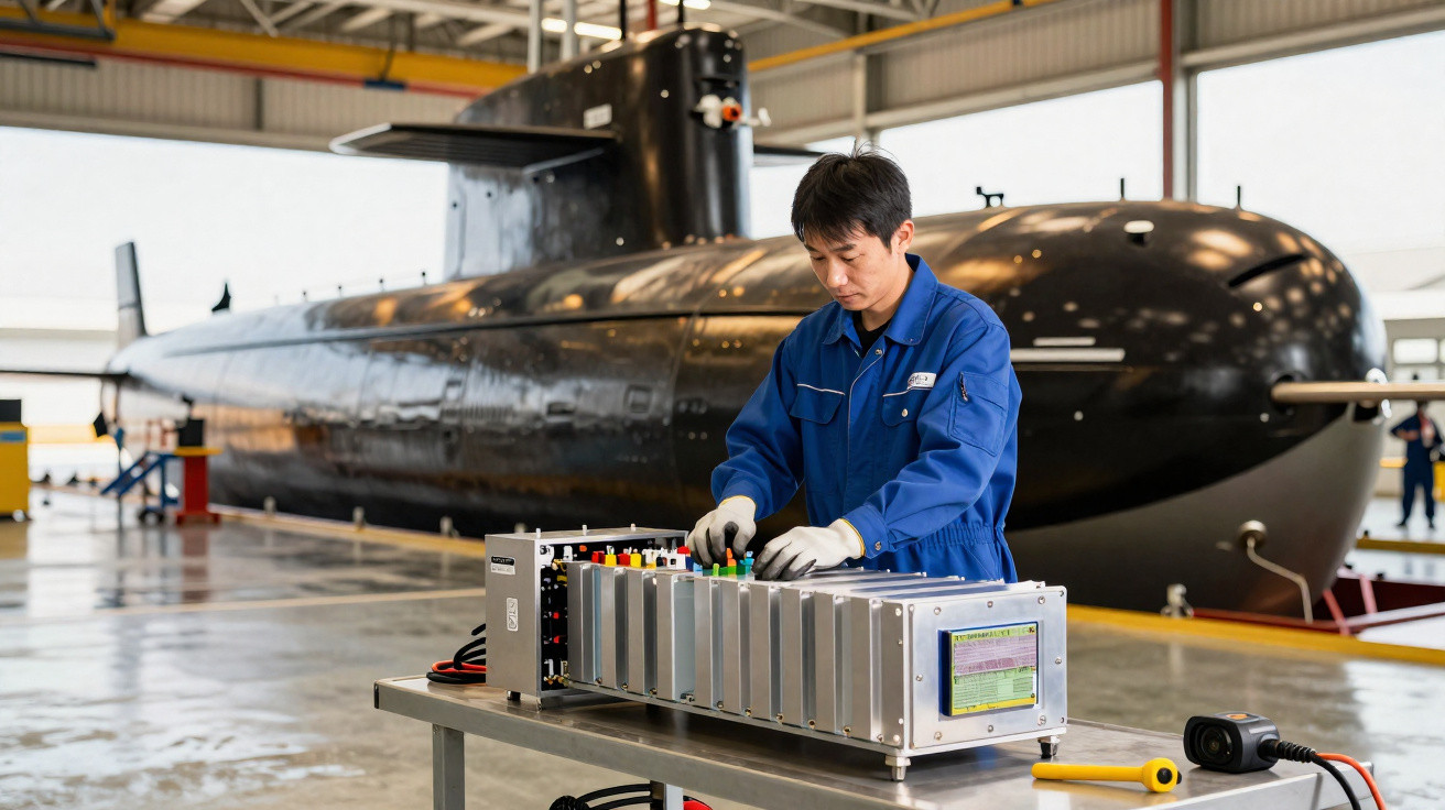 Técnico em uniforme azul trabalha num equipamento eletrónico em frente a um submarino preto numa oficina.