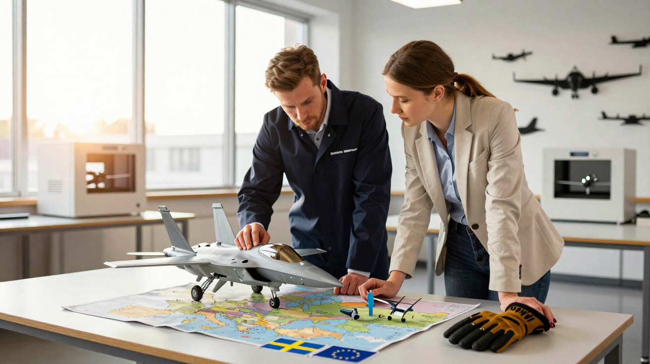 Dois engenheiros analisam maquetes de aviões militares sobre um mapa na sala de planeamento.