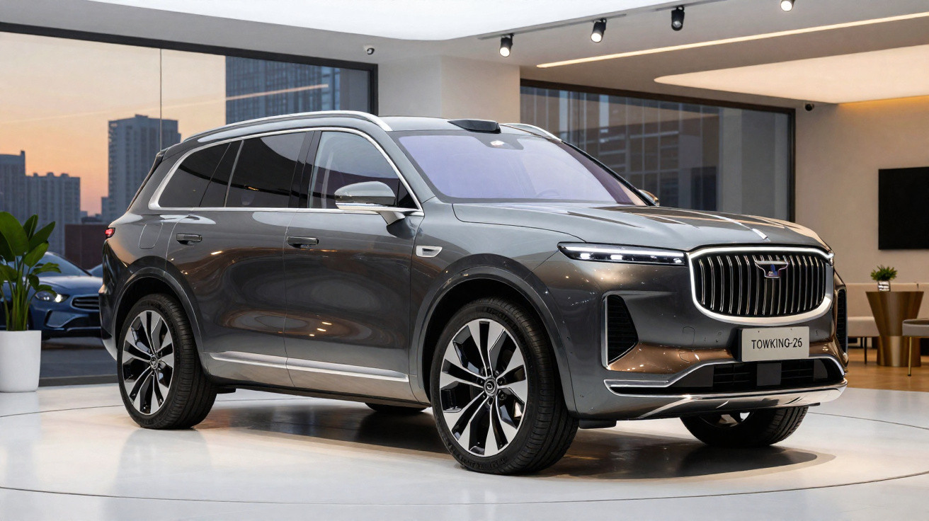 Carro SUV cinza escuro estacionado em ambiente interior moderno com luz natural e urbana ao fundo.